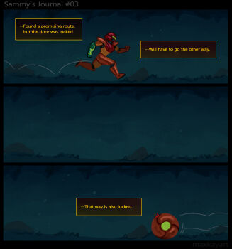 Rule 34 | 1girl, anger vein, arm cannon, armor, artist name, assault visor, commentary, english commentary, from side, highres, max kay, metroid, metroid prime 1, morph ball, nintendo, normal suit (metroid), power armor, power suit (metroid), red armor, running, samus aran, speech bubble, two-tone armor, weapon