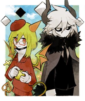 1boy 1girl absurdres apple beret black_cape black_jacket black_sclera blue_sky caitromen cape cloud colored_sclera cowboy_shot cross cross_necklace demon_girl demon_tail demon_wings diamond_(shape) field floating floating_object flower food formal_clothes fruit funamusea fur_collar glasses grass green_hair haiiro_teien hat highres holding holding_food holding_fruit horns jacket jewelry kcalb_(funamusea) necklace necktie orange_eyes outdoors pointy_ears red-framed_eyewear red_sweater short_hair sky suit sweater tail white_eyes white_hair wings yosafire_(funamusea)