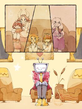 1other 2boys 2girls aged_down ant_tenna armchair asgore_dreemurr blush_stickers brown_hair chair child couch covered_eyes curtains deltarune fake_horns family furry furry_female furry_male glasses goat_horns hair_over_eyes hairband hands_on_own_knees highres horn_hairband horns indoors jacket kris_(deltarune) multiple_boys multiple_girls necktie noelle_holiday object_head on_couch red_jacket shoes short_hair sitting sitting_on_lap sitting_on_person smile television toriel utdr_(toby_fox) yellow_necktie yellow_shoes zunda_e_damame