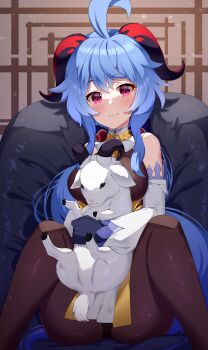 1girl absurdres ahoge animal animal_hug arm_behind_back ass black_bodysuit black_gloves blue_hair bluerabbit_gap bodysuit commentary_request couch detached_sleeves ganyu_(genshin_impact) genshin_impact gloves goat hair_between_eyes highres horns knees_up long_hair long_sleeves looking_at_viewer low_ponytail ponytail purple_eyes sidelocks sitting smile spread_legs