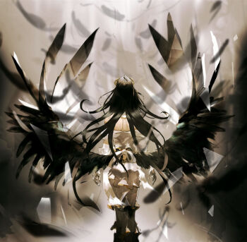 1girl albedo_(overlord) arms_at_sides back bird_wings black_hair blurry blurry_foreground detached_collar dress feathers floating_hair fog full_body highres long_hair off-shoulder_dress off_shoulder official_art overlord_(maruyama) so-bin spread_wings standing very_long_hair wings
