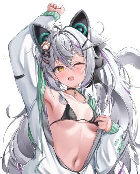 1girl ;o absurdres animal_ear_headphones animal_ears arm_up armpits bikini bikini_under_clothes black_bikini black_choker breasts cat_ear_headphones cat_ears choker commentary_request double-parted_bangs fake_animal_ears fangs grey_hair hair_between_eyes hair_ornament hairclip hairpin headphones highres jacket long_hair long_sleeves multiple_hair_clips multiple_hairpins myu-chan_(nekoya_minamo) nail_polish navel nekoya_minamo one_eye_closed open_clothes open_jacket original partially_unzipped paw_hair_ornament pendant_choker purple_streaks red_nails simple_background skin_fangs small_breasts solo squeans stretching string_bikini swimsuit twintails upper_body very_long_hair white_background white_jacket yawning yellow_eyes