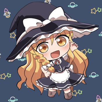 1girl :d apron black_hat black_skirt black_vest blonde_hair blue_background blush boots bow braid brown_boots collared_shirt commentary_request dot_nose frilled_apron frilled_hat frilled_skirt frills full_body hair_between_eyes hair_bow hand_up hat hat_bow highres kirisame_marisa lace-up_boots long_hair neck_ribbon open_mouth red_ribbon ribbon rokugou_daisuke shirt short_sleeves single_braid skirt skirt_set smile solo standing star_(symbol) touhou vest waist_apron white_apron white_bow white_shirt witch_hat yellow_eyes