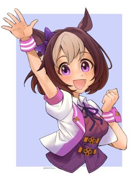 1girl absurdres animal_ears blush bow braid breasts brown_hair commentary cropped_torso ear_bow english_commentary half_up_braid highres horse_ears horse_girl jacket looking_at_viewer multicolored_hair nemophila_(artist) open_mouth purple_bow purple_eyes purple_ribbon purple_vest ribbon shirt short_hair short_sleeves smile special_week_(special_dreamer)_(umamusume) special_week_(umamusume) two-tone_hair umamusume vest white_hair white_jacket wristband