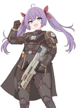 Rule 34 | 1girl, :d, absurdres, ahoge, alternate costume, aqua eyes, armor, armored boots, artist request, assault rifle, belt, black background, black cape, boots, bow, bullpup, cape, clenched hand, cosplay, fang, green eyes, gun, hair bow, hair ribbon, helldiver (helldivers), helldiver (helldivers) (cosplay), helldivers (series), highres, holding, holding gun, holding weapon, long hair, looking at viewer, meme, open mouth, original, parody, pauldrons, purple hair, red bow, red ribbon, ribbon, rifle, second-party source, shoulder armor, simple background, smile, solo, submachine gun, super earth salute (helldivers), twintails, weapon, wulala (vtuber)