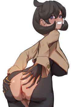 1girl absurdres anus ass black_bodysuit black_hair bodysuit breasts brown_jacket dark-skinned_female dark_skin emma_(pokemon) female_pubic_hair from_behind grabbing_own_ass grin highres jacket kaba_(hama) large_breasts long_sleeves looking_back nintendo pokemon pokemon_legends:_z-a pubic_hair purple_eyes pussy short_hair simple_background smile solo torn_bodysuit torn_clothes uncensored white_background