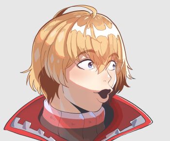 1boy blonde_hair blue_eyes commentary english_commentary grey_background highres looking_to_the_side male_focus meme nintendo nyantcha pogchamp_(meme) portrait shulk_(xenoblade) simple_background solo turtleneck twitch.tv xenoblade_chronicles_(series) xenoblade_chronicles_1