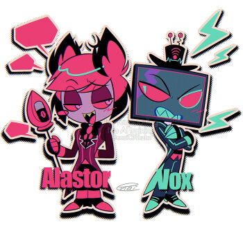 2boys :d alastor_(hazbin_hotel) antlers aqua_coat aqua_eyes aqua_shoes arm_behind_back back-to-back black_bow black_bowtie black_coat black_hair black_hat black_pants black_shirt blank_speech_bubble blue_teeth bow bowtie brown_outline chibi chibi_only chromatic_aberration clenched_teeth coat colored_sclera colored_skin colored_teeth colored_tips commentary_request crossed_arms deer_antlers drop_shadow eyeshadow fewer_digits full_body grey_skin hair_horns halftone halftone_background hat hazbin_hotel hellaverse highres holding holding_staff horns legs_together lightning_bolt_symbol long_sleeves looking_at_another makeup menma_(enaic31) monocle multicolored_coat multicolored_hair multiple_boys object_head open_mouth outline pants raised_eyebrow red_coat red_eyes red_eyeshadow red_hair red_sclera red_shirt red_shoes sharp_teeth shirt shoes short_hair sideways_glance signature simple_background smile speech_bubble staff standing striped_clothes striped_coat striped_shirt teeth television tongue top_hat traditional_bowtie two-tone_coat two-tone_hair two-tone_shirt upper_teeth_only v-shaped_eyebrows vertical-striped_coat vox_(hazbin_hotel) watermark white_background yellow_teeth