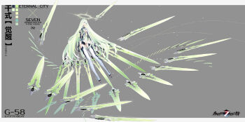 1girl armpit_cutout arms_at_sides black_gloves black_leotard blue_eyes boots border breast_curtains breasts center_opening chinese_commentary clothing_cutout color_guide copyright_name dress facing_to_the_side fingerless_gloves floating floating_object floating_sword floating_weapon forever_7th_capital full_body gloved_sleeves gloves greatsword green_hair grey_background hair_between_eyes halo highres leotard leotard_under_clothes light_particles long_hair long_hair_between_eyes looking_at_viewer navel official_art open-toe_boots outside_border parted_lips pointy_ears qian_shi_(forever_7th_capital) science_fiction see-through_clothes see-through_dress short_dress sideways_glance simple_background small_breasts solo spiked_halo sword thigh_boots turtleneck turtleneck_dress two-tone_gloves very_long_hair weapon white_boots white_border white_dress white_gloves white_halo xiao_(ye_yiaoxi)