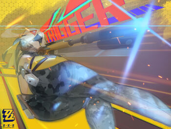 1girl ass black_pants blindfold_mask blonde_hair camouflage camouflage_jacket camouflage_pants character_name closed_mouth commentary commentary_request covered_eyes english_commentary glowing_mask gun gunblade hair_ornament highres holding holding_weapon honeycomb_(pattern) honeycomb_background jacket latex_pants long_hair lying mask on_side pants partial_commentary ponytail rifle sniper_rifle solo sparkle taoningtt tight_clothes tight_pants triangle_hair_ornament trigger_(zenless_zone_zero) weapon yellow_background zenless_zone_zero zipper_pull_tab