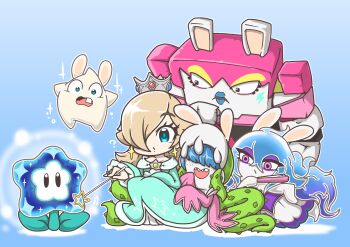 4girls absurdres bedrock_(mario_+_rabbids) blue_dress blue_hair blue_lips charisuke crossover daphne_(mario_+_rabbids) dress fangs ghost ghost_tail hair_over_eyes highres mario_(series) mario_+_rabbids_sparks_of_hope midnite_(mario_+_rabbids) multicolored_hair multiple_girls nintendo plant rabbid rabbid_luma raving_rabbids rosalina super_mario_bros._wonder super_mario_galaxy two-tone_hair vines wand wonder_flower