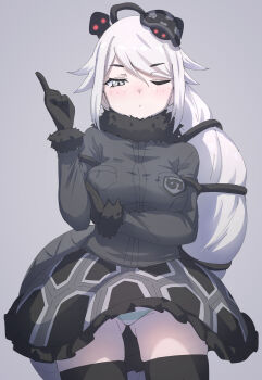 1girl absurdres aqua_panties arm_under_breasts black_fur black_gloves black_jacket black_skirt black_thighhighs blush braid braided_ponytail breast_pocket breasts commentary_request cowboy_shot frilled_skirt frills fur-trimmed_gloves fur-trimmed_sleeves fur_collar fur_trim genbu_(kemono_friends) gloves gluteal_fold green_panties grey_background grey_eyes grey_jacket hair_ornament highres index_finger_raised jacket japari_symbol kemono_friends large_breasts long_hair long_sleeves looking_at_viewer lowlandgorilla one_eye_closed panties pantyshot pocket simple_background skirt skull_hair_ornament solo striped_clothes striped_panties tail thighhighs turtle_shell underwear very_long_hair white_hair wind wind_lift