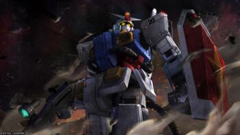 Rule 34 | absurdres, asteroid, beam rifle, cable, copyright logo, debris, dust cloud, energy gun, glowing, glowing eyes, gundam, gundam battle operation 2, gundam thunderbolt, highres, logo, machinery, mecha, mecha focus, mobile suit, nebula, no humans, painting (medium), perfect gundam (thunderbolt), realistic, robot, scan, science fiction, scope, shield, space, star (sky), sunrise (company), tenjin hidetaka, traditional media, v-fin, weapon, yellow eyes