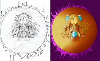 Rule 34 | 1girl, absurdres, before and after, blonde hair, closed eyes, gold skin, graphite (medium), greyscale, highly responsive to prayers, highres, horns, japanese clothes, kikuri (touhou), long hair, long sleeves, monochrome, oni1994, orb, signature, solo, touhou, touhou (pc-98), traditional media