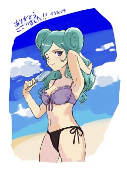1girl beach beta_(inazuma_eleven) bikini black_bikini blue_hair border commentary double_bun food hair_bun hand_in_own_hair inazuma_eleven inazuma_eleven_(series) inazuma_eleven_go inazuma_eleven_go_chrono_stone long_hair looking_at_viewer mismatched_bikini nakamasa21 navel one_eye_closed popsicle protocol_omega purple_bikini purple_eyes smile solo swimsuit white_border