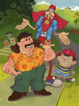 5boys antenna baseball_cap beard brown_hair buttons captionpanic cigar everdred_(mother_2) facial_hair floral_print full_body grass grin hair_over_eyes hand_on_own_hip hat headband highres hill hippie house long_hair looking_at_another mother_(series) mother_2 multiple_boys mustache ness_(mother_2) new_age_retro_hippie nintendo outdoors peace_symbol picnic_blanket red_hair road_sign shirt shirt_tucked_in shorts shrugging sidewalk sign smile smoking standing stop_sign striped_clothes striped_shirt sunglasses t-shirt tree