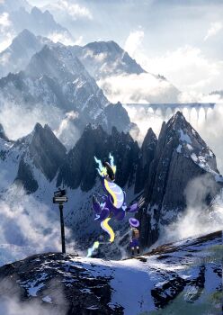 1girl backpack bag black_socks brown_bag brown_shoes cloud commentary_request day florian_(pokemon) flyaspring4 glowing grass grey_shirt hat highres miraidon mountain mountainous_horizon nintendo outdoors pokemon pokemon_(creature) pokemon_sv purple_hat purple_shorts school_uniform shirt shoes short_sleeves shorts sign signature snow socks standing