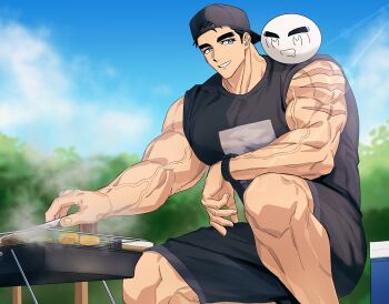 Rule 34 | 1boy, backwards hat, bara, baseball cap, black hair, black hat, black shirt, black shorts, blue eyes, blue sky, bodybuilder, carrying, chibi, chibi inset, cloud, cooking, domo (domo kizusuki), food, grill, grilling, hat, holding, holding tongs, kokado shido (domo), large pectorals, male focus, manly, muscular, muscular arms, muscular male, on one knee, original, outdoors, pectorals, scar, scar on arm, shirt, short hair, shorts, shoulder carry, shredded muscles, sideburns, sky, sleeveless, sleeveless shirt, smile, tareme, tongs, tree, v-taper, veins, veiny arms, wristband