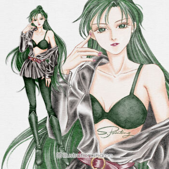 Rule 34 | 1girl, bishoujo senshi sailor moon, boots, bra, breasts, cleavage, collarbone, commentary request, green boots, green bra, green eyes, green leggings, hair bun, high heel boots, high heels, illustration sharon, instagram username, jacket, leather, leather jacket, leggings, lips, long hair, looking at viewer, meiou setsuna, midriff, open clothes, open jacket, open shirt, signature, simple background, smile, solo, underwear, white background