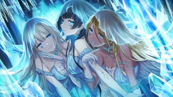 black_hair blonde_hair blue_eyes breasts brown_hair cleavage earrings facial_mark game_cg gloves grey_hair highres icicle idolmaster idolmaster_shiny_colors idolmaster_shiny_colors_song_for_prism izumi_mei jewelry mayuzumi_fuyuko multicolored_hair official_art serizawa_asahi smile straylight_(idolmaster) veil