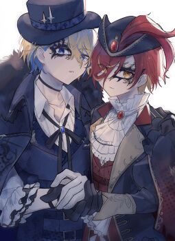 Rule 34 | 2boys, ascot, black bow, black bowtie, black choker, black coat, black gloves, blonde hair, blue eyes, blue gem, blue hair, blue vest, bow, bowtie, brooch, capelet, choker, coat, coat on shoulders, collared shirt, commentary, eye mask, feathers, frilled ascot, frilled shirt collar, frilled sleeves, frills, fur-trimmed coat, fur trim, gem, gloves, half eye mask, half mask, hanasaki miyabi, hanasaki miyabi (9th costume), hat, hat feather, highres, holding hands, holostars, jewelry, kishido temma, kishido temma (8th costume), long sleeves, male focus, mask, multicolored hair, multiple boys, official alternate costume, pierced hat, red feathers, red gem, red hair, red vest, shirt, short hair, three-quarter sleeves, top hat, tricorne, untranslatable commentary, upper body, vest, white ascot, white background, white gloves, white shirt, yellow eyes, yu gumo7