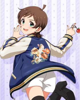 1girl ahoge black_boots boots brown_hair commentary_request cowboy_shot drop_shadow earrings fingernails from_behind game_cg green_eyes hands_up high_heel_boots high_heels idolmaster idolmaster_million_live! idolmaster_million_live!_theater_days jacket jewelry kinoshita_hinata letterman_jacket long_sleeves looking_at_viewer looking_back nail_polish official_alternate_costume official_art open_mouth orange_nails print_jacket ring shoes short_hair solo standing sukajan_gyarus_(idolmaster) third-party_source white_shoes