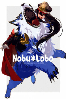 1girl armored_boots black_hair black_hat black_jacket black_pants boots cape character_name disembodied_head echo_(circa) fate/grand_order fate_(series) gloves hat jacket lobo_(fate) long_hair long_sleeves oda_nobunaga_(fate) oda_nobunaga_(koha-ace) oda_uri open_mouth pants peaked_cap popped_collar red_cape red_eyes riding riding_animal white_gloves wolf