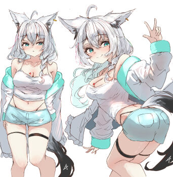 1girl absurdres ahoge animal_ears blue_eyes blue_shorts blush breasts cleavage closed_mouth fox_ears fox_girl fox_tail highres hololive jacket looking_at_viewer medium_breasts shirakami_fubuki shirt shorts smile solo tail tazrn1 thigh_strap v virtual_youtuber white_background white_hair white_jacket white_shirt