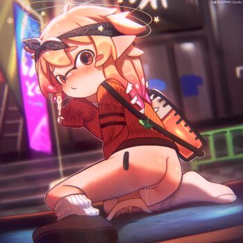 1girl absurdres ass ass_freckles bag bandaid bandaid_on_ass black_shoes blonde_hair blurry blurry_background body_freckles bottomless brown_eyes brown_sweater closed_mouth commentary commission english_commentary freckles full_body halo highres huge_filesize indoors inkling inkling_girl inkling_player_character loli najucaju_naju nintendo original paid_reward_available pointy_ears pussy pussy_juice sera_(avelaka11) shoes shoulder_bag single_shoe sleeves_past_fingers sleeves_past_wrists socks solo splatoon_(series) sweater tentacle_hair white_socks yellow_halo