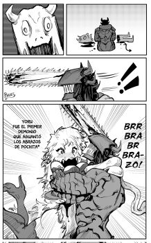 1boy 1girl artist_name blood bloody_weapon breasts chainsaw chainsaw_devil chainsaw_man couple extra_arms facing_to_the_side greyscale hair_between_eyes hetero highres horns husband_and_wife intestine_clothing intestines monochrome no_eyes open_mouth ringed_eyes scarf severed_torso sharp_teeth simple_background teeth translated victorbalgitt weapon yoru_(chainsaw_man)