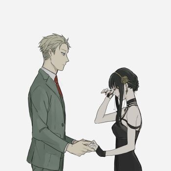 1boy 1girl bare_shoulders black_dress black_hair blonde_hair blue_eyes breasts closed_eyes closed_mouth commentary_request crying dress earrings flower from_side gold_earrings gold_flower gold_hairband green_jacket green_pants hair_flower hair_ornament hairband hand_up highres husband_and_wife jacket jewelry medium_breasts necktie pants parted_lips profile red_necktie short_hair short_hair_with_long_locks simple_background sleeveless sleeveless_dress spy_x_family tarutaruso3 twilight_(spy_x_family) upper_body very_short_hair white_background yor_briar