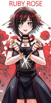 1girl absurdres bare_shoulders black_dress black_gloves black_hair breasts character_name cosplay cowboy_shot dagger dress earrings fingerless_gloves gloves gold_earrings gold_hairband gradient_hair grey_eyes hairband hayami_saori highres holding holding_dagger holding_knife holding_weapon jewelry knife looking_at_viewer maroonabyss medium_breasts multicolored_hair red_hair ruby_rose rwby short_hair solo spy_x_family standing stiletto_(weapon) two-sided_dress two-sided_fabric voice_actor_connection weapon yor_briar yor_briar_(cosplay)