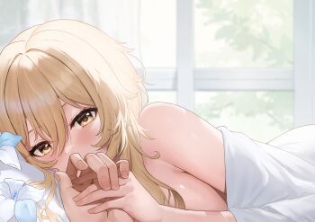 1girl ayul_(ayulneri_92) bed_sheet blonde_hair blush breasts commentary_request genshin_impact highres holding_hands indoors large_breasts looking_at_viewer lumine_(genshin_impact) medium_hair on_bed out_of_frame pov pov_across_bed pov_hands sidelocks solo_focus window yellow_eyes