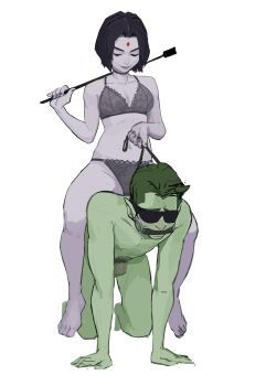 1boy 1girl absurdres all_fours amugea barefoot beast_boy_(dc) bit_gag black_hair blindfold bra clothed_female_nude_male colored_skin dc_comics femdom forehead_jewel gag grey_bra grey_panties grey_skin highres holding holding_riding_crop lace lace-trimmed_bra lace-trimmed_panties lace_trim leash male_pubic_hair nude panties penis pubic_hair raven_(dc) riding_crop riding_person short_hair simple_background sitting sitting_on_person smile teen_titans underwear underwear_only