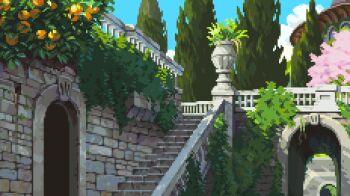 blue_sky building commentary day english_commentary food fruit highres kimitachi_wa_dou_ikiru_ka mirrutatep no_humans outdoors overgrown pixel_art plant potted_plant scenery sky stairs tree