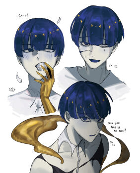 Rule 34 | 1other, absurdres, androgynous, blue blush, blue eyes, blue hair, bowl cut, collarbone, collared shirt, colored skin, commentary, eating, end999s, english commentary, english text, facial scar, food, golden arms, headshot, heterochromia, highres, houseki no kuni, macaron, molten metal, moon uniform (houseki no kuni), multiple views, necktie, other focus, phosphophyllite, phosphophyllite (ll), scar, scar on cheek, scar on face, shaded face, shirt, smile, spoilers, sweat, torn clothes, white eyes, white necktie, white shirt, white skin