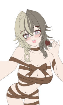 Rule 34 | 1girl, breasts, brown hair, brown ribbon, candy, chocolate, chocolate heart, cleavage, commentary, english commentary, food, grey eyes, hair intakes, heart, heart-shaped food, highres, holding, holding chocolate, holding food, honkai (series), honkai impact 3rd, large breasts, looking at viewer, medium hair, midriff, multicolored hair, naked ribbon, navel, ribbon, shiroe2, simple background, smile, solo, two-tone hair, vill-v, white background