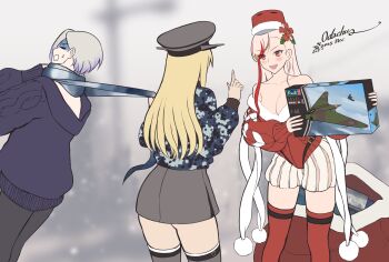 3girls absurdres bare_shoulders bismarck_(kancolle) black_pantyhose blonde_hair blue_scarf blue_sweater box breasts cleavage commentary detached_sleeves english_commentary fur-trimmed_leotard fur_trim gradient_hair gradient_scarf grey_thighhighs hand_up hat headgear highres ho_229 holding holding_box index_finger_raised jean_bart_(christmas)_(kancolle) jean_bart_(kancolle) kantai_collection large_breasts leotard long_hair long_sleeves looking_at_another massachusetts_(christmas)_(kancolle) massachusetts_(kancolle) mistletoe_hair_ornament model_kit multicolored_hair multiple_girls no_pants odachu official_alternate_costume open_mouth pantyhose peaked_cap red_eyes red_hair red_leotard red_thighhighs scarf short_hair signature strangling strapless strapless_leotard streaked_hair sweater thighhighs white_hair