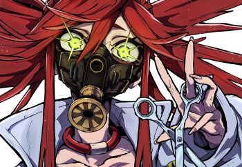 Rule 34 | 1girl, absurdres, choker, commentary, flipped bangs, gachiakuta, glowing, glowing eyes, green eyes, grey jacket, hair between eyes, highres, jacket, looking at viewer, mask, open clothes, open jacket, red choker, red hair, respirator, riyo reaper, scissors, sidelocks, simple background, solo, teru (asa hi t), upper body, very long fingernails, white background, white jacket