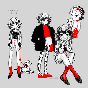 1girl animal body_freckles coat commentary_request dalmatian dog dress freckles full_body fur_coat grey_background highres jacket looking_at_viewer multicolored_hair multiple_views original red_dress short_hair shorts simple_background spot_color streaked_hair sukuyo_onaka