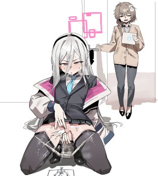 2girls absurdres black_hairband black_thighhighs blue_archive blue_necktie brown_cardigan cardigan caught closed_eyes female_ejaculation female_masturbation female_sensei_(blue_archive) fingering hair_between_eyes hairband halo highres jacket kei_(blue_archive) loli long_hair long_sleeves masturbation multiple_girls necktie open_clothes open_door open_jacket open_mouth panties panty_pull pantyhose pink_halo pussy red_eyes ruppu sensei_(blue_archive) squatting standing thighhighs uncensored underwear very_long_hair white_hair white_jacket white_pantyhose