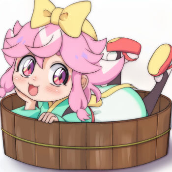 1girl :3 bathtub black_pantyhose blush bow diamond-shaped_pupils diamond_(shape) green_kimono hair_bow hairband head_rest highres japanese_clothes kimono long_sleeves looking_at_viewer lying maro_(mashin_souzouden_wataru) mashin_eiyuuden_wataru mashin_souzouden_wataru open_mouth pantyhose pink_hair red_eyes red_sandals sandals short_hair smile socks symbol-shaped_pupils t_jiroo_(ringofriend) waist_bow white_background white_socks wooden_bathtub yellow_bow