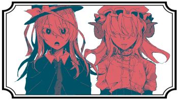 2girls alternate_hair_length_(longer) black_hat black_jacket bow collar collared_shirt commentary dated_commentary dress frilled_collar frills hair_between_eyes hair_bow hair_over_eyes hat hat_bow highres horns jacket kemonomimi_mode long_hair maribel_hearn mob_cap multiple_girls necktie open_mouth oriharareimu red_necktie saliva sheep_girl sheep_horns shirt sleeve_garter touhou usami_renko white_background white_bow white_shirt