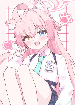 1girl animal_ears bare_legs blue_archive blue_necktie cat_ears cat_girl cat_tail commentary_request fish fyzt_nemu hair_between_eyes halo hand_up heterochromia highres hoshino_(blue_archive) long_hair looking_at_viewer miniskirt necktie open_mouth pink_hair pink_halo sitting skirt tail very_long_hair