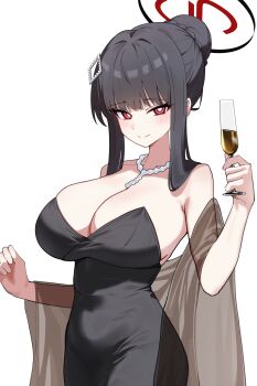 1girl absurdres alcohol bare_shoulders bead_necklace beads black_dress black_hair black_halo blue_archive blunt_bangs blush breasts bright_pupils brown_shawl champagne champagne_flute cleavage closed_mouth collarbone commentary_request cup diamond_hair_ornament dress drinking_glass hair_bun hair_intakes hair_ornament halo hand_up highres holding holding_cup jewelry korean_commentary large_breasts long_dress long_hair looking_at_viewer multicolored_halo necklace official_alternate_costume red_eyes ringed_eyes rio_(blue_archive) rio_(dress)_(blue_archive) see-through_clothes see-through_shawl shawl sidelocks simple_background sleeveless sleeveless_dress smile solo strapless strapless_dress tay_(cdjk7758) white_background white_pupils