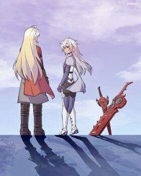 Rule 34 | 1boy, 1girl, a (xenoblade), ahoge, androgynous, armored bodysuit, blonde hair, boots, cape, cloud, commentary, core crystal (xenoblade), earrings, english commentary, glowing, glowing earrings, grey cape, grey hair, highres, horizon, jewelry, long hair, looking at another, monado, monado fencer, outdoors, pax (seo7h), planted, planted sword, planted weapon, red cape, shadow, shulk (xenoblade), single earring, standing, sword, weapon, xenoblade chronicles (series), xenoblade chronicles 3, xenoblade chronicles 3: future redeemed
