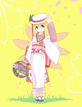 1girl absurdres alternate_costume alternate_headwear back_bow basket blonde_hair blue_eyes bow closed_mouth commentary commentary_request edsky0309 english_commentary fairy fairy_wings falling_petals hat highres holding holding_basket japanese_clothes kimono layered_clothes lily_white long_hair long_sleeves mixed-language_commentary obi petals pink_petals pink_sweater pointy_ears red_bow sandals sash smile socks solo sweater touhou white_hat white_kimono white_socks wide_sleeves wings yellow_background