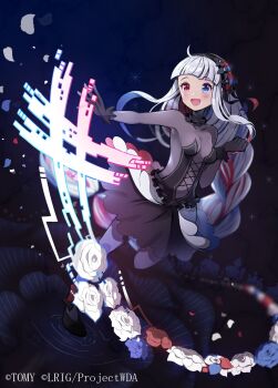 1girl alfou_(wixoss) black_dress black_pantyhose black_skirt blue_eyes breasts dress grey_hair heterochromia highres kei_s01 long_hair looking_at_viewer medium_breasts multicolored_hair official_alternate_costume official_art pantyhose red_eyes red_hair sidelocks skirt solo streaked_hair very_long_hair wixoss