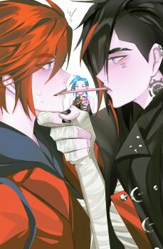 3girls arcane:_league_of_legends arcane_brawler_vi arcane_jinx arcane_vi artist_name asymmetrical_hair bandaged_chest black_hair black_jacket black_nails blue_eyes blue_hair blue_nails blush braid braided_twintails breasts cellphone crop_top dual_persona eyebrow_cut facial_tattoo fingerless_gloves food gloves grabbing_another&#039;s_chin hand_on_another&#039;s_chin hand_wraps highres imminent_kiss jacket jinx_(league_of_legends) league_of_legends long_hair medium_breasts multiple_girls neck_tattoo phone pink_eyes pink_nails pocky red_hair red_jacket saudzai selfcest short_hair siblings sidecut sisters smartphone sweat taking_picture tattoo undercut vi_(league_of_legends) yuri