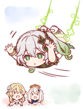 3girls :o acrobatics blonde_hair bracelet chibi commentary_request cross-shaped_pupils genshin_impact gradient_hair green_eyes green_hair hair_between_eyes haruneharu jewelry long_hair looking_at_viewer lumine_(genshin_impact) multicolored_hair multiple_girls nahida_(genshin_impact) on_swing open_mouth paimon_(genshin_impact) short_hair side_ponytail sidelocks swing swinging_on_swing symbol-shaped_pupils upside-down white_background white_hair